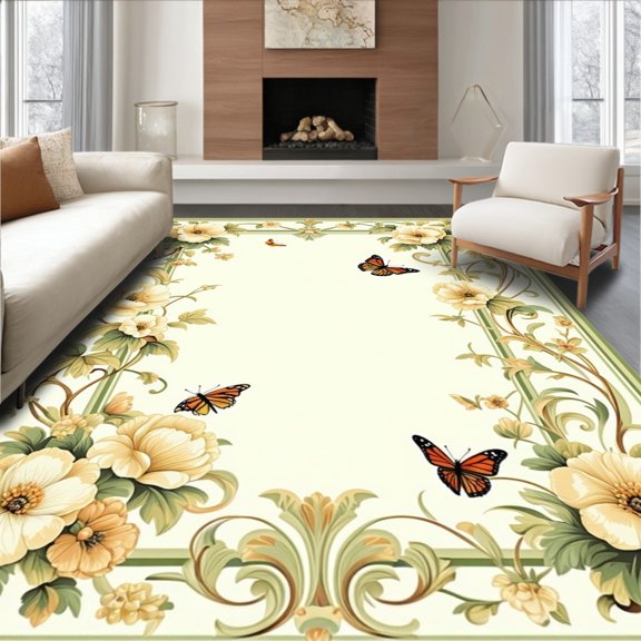 ODIKA 4' x 6' Machine Washable Non-Slip Area Rug, Art Nouveau Flower High Traffic Rug, Ivory, 279997