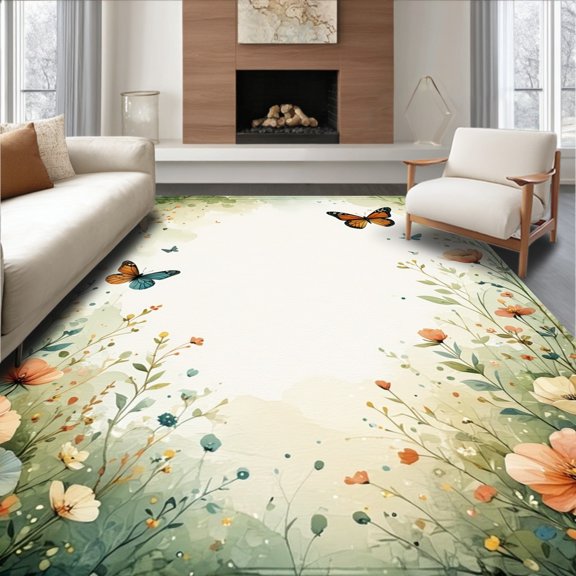 ODIKA 4' x 6' Machine Washable Non-Slip Area Rug, Art Nouveau Leaf High Traffic Rug, Beige, 279962