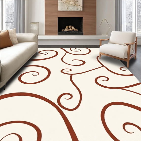 ODIKA 4' x 6' Machine Washable Non-Slip Area Rug, Art Nouveau Swirl High Traffic Rug, Brown, 554607
