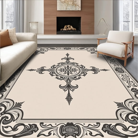 ODIKA 4' x 6' Machine Washable Non-Slip Area Rug, Baroque Fleur-de-lis High Traffic Rug, Beige, 400812