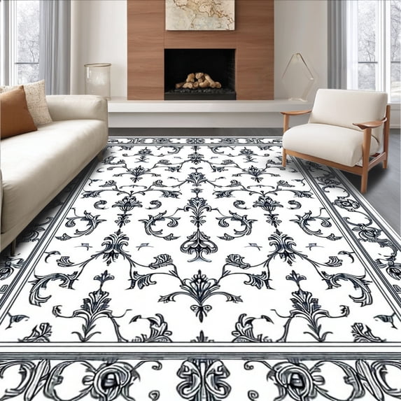 ODIKA 4' x 6' Machine Washable Non-Slip Area Rug, Baroque Leaf High Traffic Rug, Black, 133833