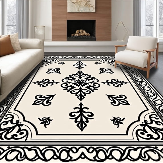 ODIKA 4' x 6' Machine Washable Non-Slip Area Rug, Baroque Medallion High Traffic Rug, Beige, 461870
