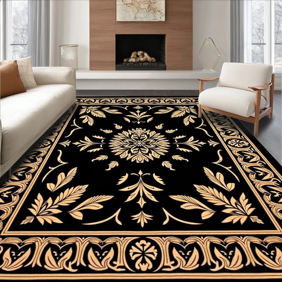 ODIKA 4' x 6' Machine Washable Non-Slip Area Rug, Baroque Medallion High Traffic Rug, Black, 491901