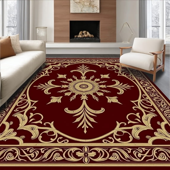 ODIKA 4' x 6' Machine Washable Non-Slip Area Rug, Baroque Medallion High Traffic Rug, Red, 621414