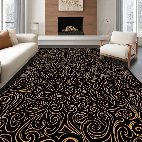 ODIKA 4' x 6' Machine Washable Non-Slip Area Rug, Baroque Swirl High Traffic Rug, Black, 531569