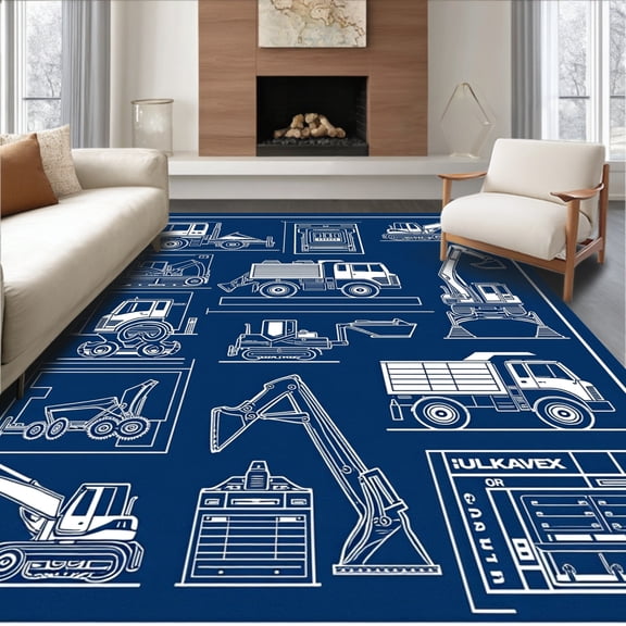 ODIKA 4'x6' Machine Washable Non-Slip Area Rug, Construction Vehicle Blueprint Style Decorative with Technical Drawings High Traffic Rug, Blue, 440208