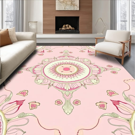 ODIKA 4' x 6' Machine Washable Non-Slip Area Rug, Boho Medallion High Traffic Rug, Pink, 236215