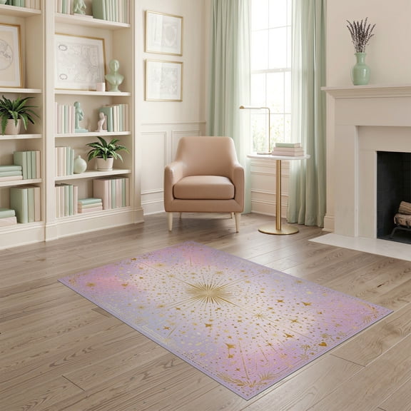 ODIKA 4'x6' Machine Washable Non-Slip Area Rug, Whimsical Starburst and Motif Design with Radiant Pastel Accents High Traffic Rug, Pink, 127227