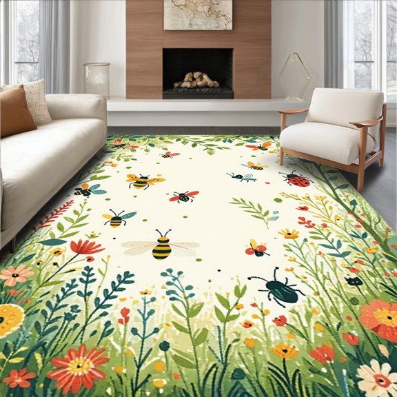 ODIKA 4' x 6' Machine Washable Non-Slip Area Rug, Botanical Bee High Traffic Rug, Green, 277120