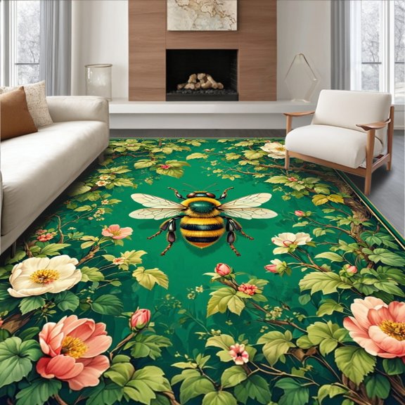ODIKA 4' x 6' Machine Washable Non-Slip Area Rug, Botanical Bee High Traffic Rug, Green, 280693