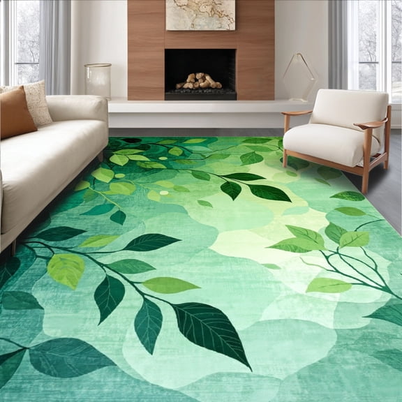 ODIKA 4' x 6' Machine Washable Non-Slip Area Rug, Botanical Leaf High Traffic Rug, Green, 135155