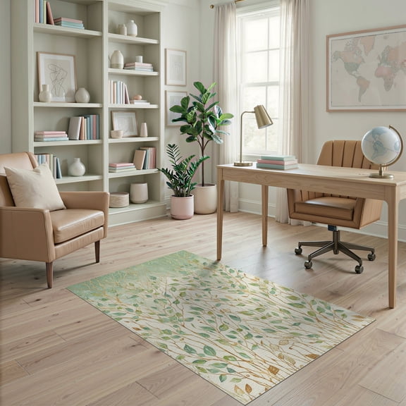 ODIKA 4' x 6' Machine Washable Non-Slip Area Rug, Botanical leaf High Traffic Rug, Green, 252612