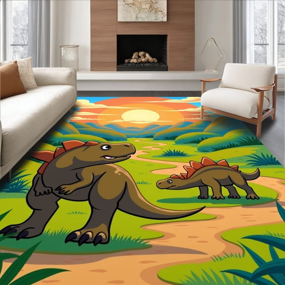 ODIKA 4'x6' Machine Washable Non-Slip Area Rug, Cartoon Sauropods Roaming Prehistoric Valley with Sunrise and Misty Hills High Traffic Rug, Green, 420424