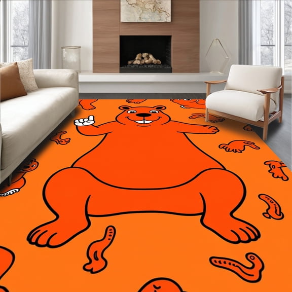ODIKA 4' x 6' Machine Washable Non-Slip Area Rug, Cartoon beaver High Traffic Rug, Orange, 722196