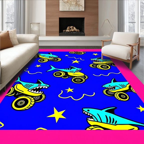 ODIKA 4' x 6' Machine Washable Non-Slip Area Rug, Cartoon shark High Traffic Rug, Blue, 722858