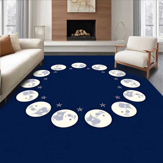 ODIKA 4'x6' Machine Washable Non-Slip Area Rug, Mystical Moon Phases With Night Illuminating Lunar Cycle High Traffic Rug, Blue, 398062