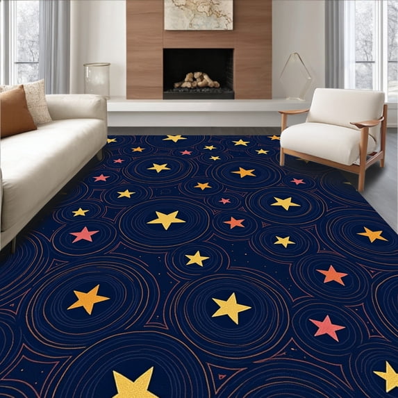ODIKA 4'x6' Machine Washable Non-Slip Area Rug, Playful Starry Sky Design High Traffic Rug, Navy, 374465