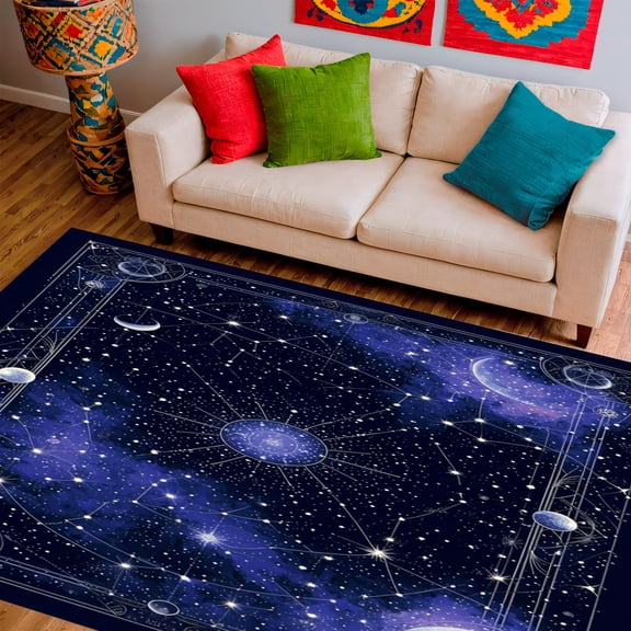 ODIKA 4'x6' Machine Washable Non-Slip Area Rug, Celestial Map With Constellation Design For Space Enthusiasts High Traffic Rug, Blue, 129649