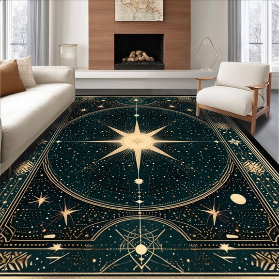 ODIKA 4'x6' Machine Washable Non-Slip Area Rug, Moody Vintage Pentagram Motif High Traffic Rug, Gold, 129184