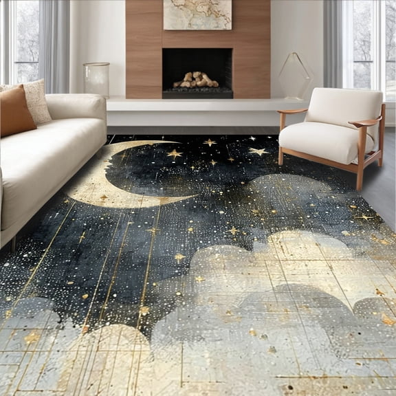 ODIKA 4'x6' Machine Washable Non-Slip Area Rug, Mystic Night Sky Moon & Cosmic Starry High Traffic Rug, Black, 43096
