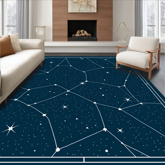 ODIKA 4'x6' Machine Washable Non-Slip Area Rug, Constellation Map with Celestial Navigation Design High Traffic Rug, Blue, 567968