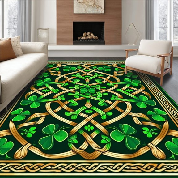 ODIKA 4' x 6' Machine Washable Non-Slip Area Rug, Celtic Shamrock High Traffic Rug, Green, 93999