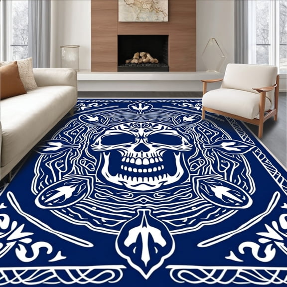 ODIKA 4' x 6' Machine Washable Non-Slip Area Rug, Celtic Skull High Traffic Rug, Blue, 644111