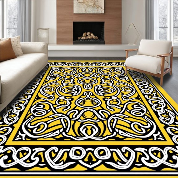 ODIKA 4' x 6' Machine Washable Non-Slip Area Rug, Celtic cross High Traffic Rug, Yellow, 701646