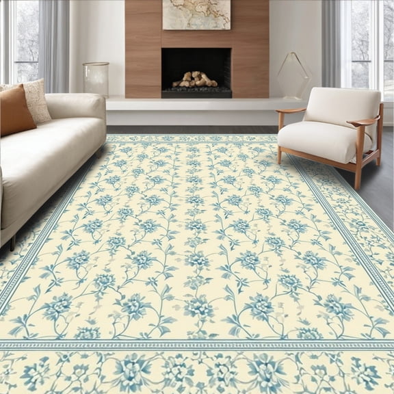 ODIKA 4'x6' Machine Washable Non-Slip Area Rug, Laveve Inspired Floral Arrangement Repeating Blossom Design High Traffic Rug, Ivory, 196205