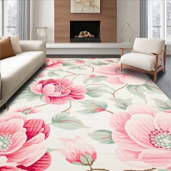 ODIKA 4'x6' Machine Washable Non-Slip Area Rug, Floral Dream Nursery High Traffic Rug, Pink, 200709