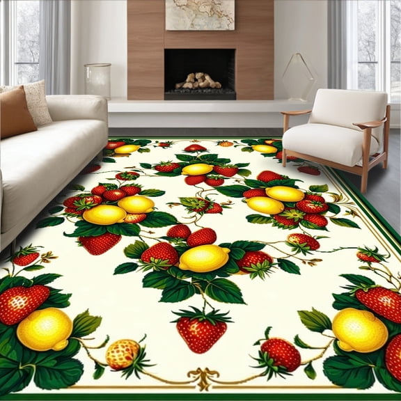 ODIKA 4'x6' Machine Washable Non-Slip Area Rug, Strawberry Lemon Bathroom High Traffic Rug, White, 99043