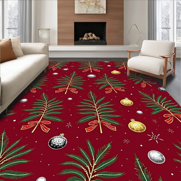 ODIKA 4' x 6' Machine Washable Non-Slip Area Rug, Christmas Frond High Traffic Rug, Red, 501618