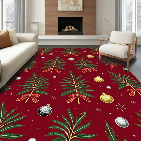 ODIKA 4' x 6' Machine Washable Non-Slip Area Rug, Christmas Frond High Traffic Rug, Red, 501618