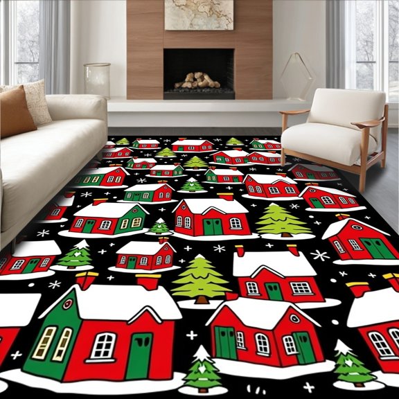 ODIKA 4' x 6' Machine Washable Non-Slip Area Rug, Christmas House High Traffic Rug, Red, 756603