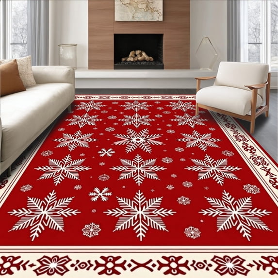 ODIKA 4' x 6' Machine Washable Non-Slip Area Rug, Christmas Snowflake High Traffic Rug, Red, 501206