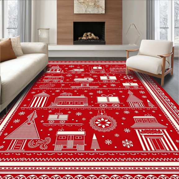 ODIKA 4' x 6' Machine Washable Non-Slip Area Rug, Christmas house High Traffic Rug, Red, 606879
