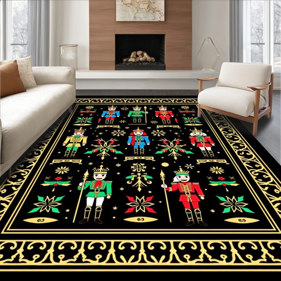 ODIKA 4' x 6' Machine Washable Non-Slip Area Rug, Christmas nutcracker High Traffic Rug, Black, 653970