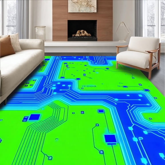 ODIKA 4'x6' Machine Washable Non-Slip Area Rug, Circuit Board Design for High Tech Gaming Space High Traffic Rug, Blue, 148521