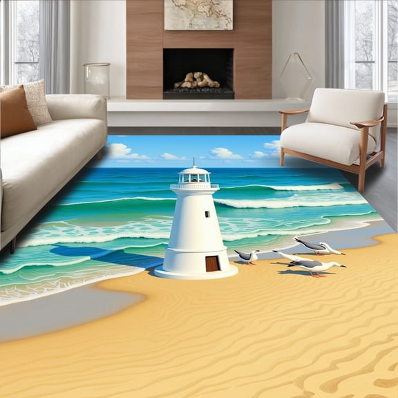 ODIKA 4'x6' Machine Washable Non-Slip Area Rug, Seaside Lighthouse Vista with Gentle Ocean Wave Motifs High Traffic Rug, Blue, 618984