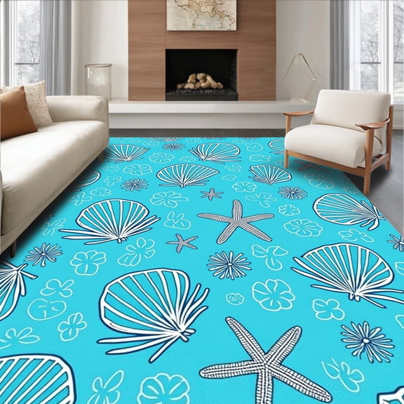 ODIKA 4'x6' Machine Washable Non-Slip Area Rug, Seashell Needlework High Traffic Rug, Blue, 618860