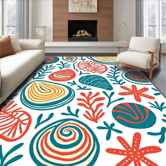 ODIKA 4'x6' Machine Washable Non-Slip Area Rug, Beachcomber Findings Artistic Stitch Project Underwater Exploration High Traffic Rug, Red, 619114