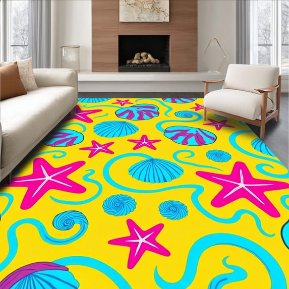 ODIKA 4'x6' Machine Washable Non-Slip Area Rug, Starfish and Scallop Medley Shell with Nautical Accents High Traffic Rug, Yellow, 619084