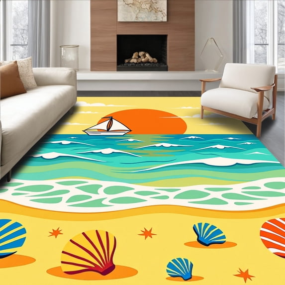 ODIKA 4'x6' Machine Washable Non-Slip Area Rug, Ocean Horizon Latch Hook with Sailboat High Traffic Rug, Yellow, 618991