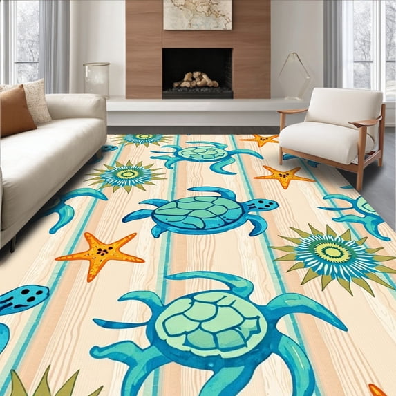ODIKA 4'x6' Machine Washable Non-Slip Area Rug, Oceanic Seashore Creatures Driftwood Background Artwork High Traffic Rug, Beige, 426863