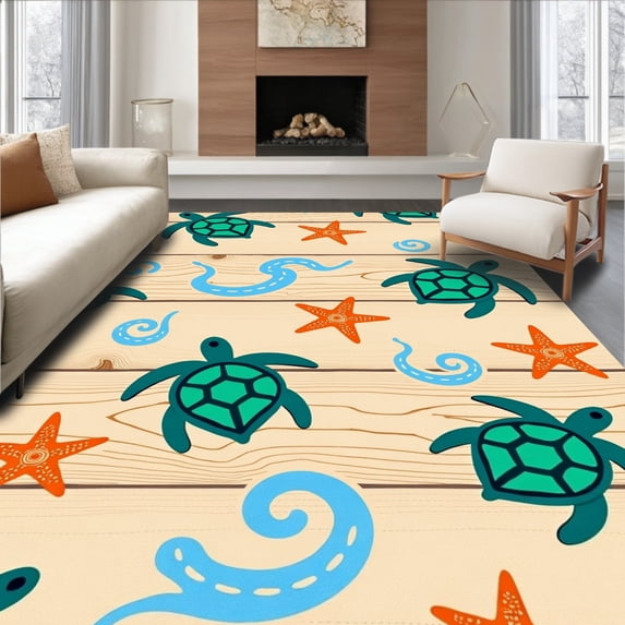 ODIKA 4'x6' Machine Washable Non-Slip Area Rug, Oceanic Turtles and Starfish Amid Rustic Wood Panel Beachscape High Traffic Rug, Beige, 426912