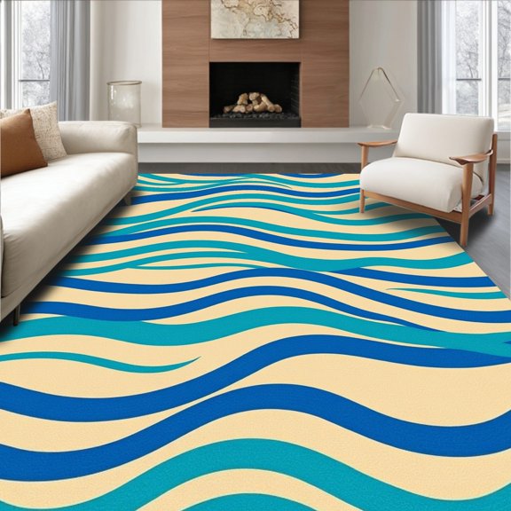 ODIKA 4' x 6' Machine Washable Non-Slip Area Rug, Coastal Wave High Traffic Rug, Beige, 495193