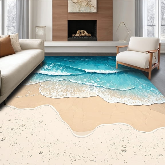 ODIKA 4'x6' Machine Washable Non-Slip Area Rug, Ocean Wave Polyester Dorm Room Floor High Traffic Rug, Blue, 2968