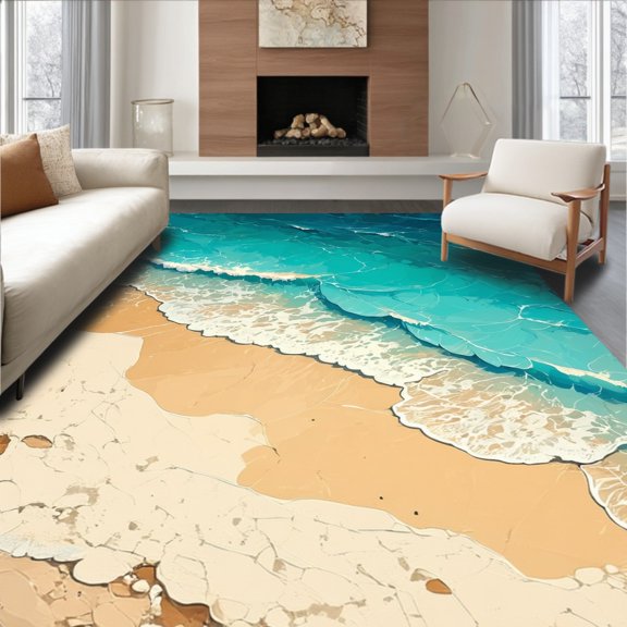 ODIKA 4' x 6' Machine Washable Non-Slip Area Rug, Coastal Wave High Traffic Rug, Blue, 2992