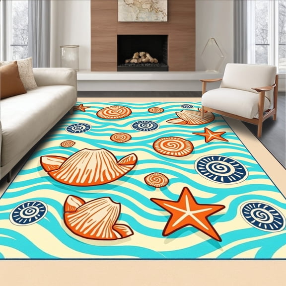 ODIKA 4' x 6' Machine Washable Non-Slip Area Rug, Coastal wave High Traffic Rug, Blue, 619128