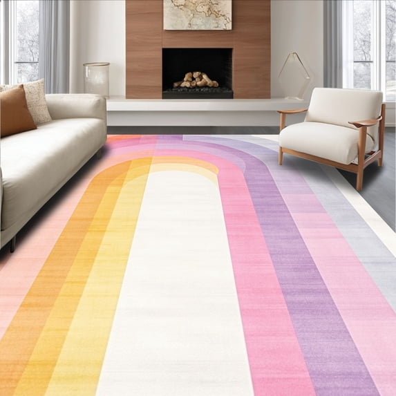 ODIKA 4'x6' Machine Washable Non-Slip Area Rug, Playful Arc with Pastel Tones and Minimalist Lines High Traffic Rug, Peach, 144367